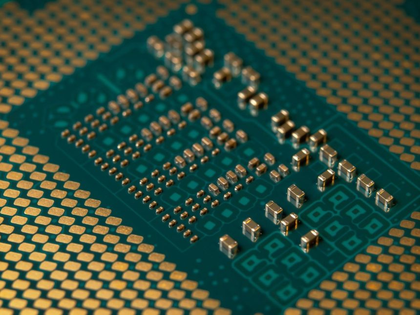Close-up de um microprocessador e dos circuitos eletrônicos de uma placa, com componentes densamente interligados.